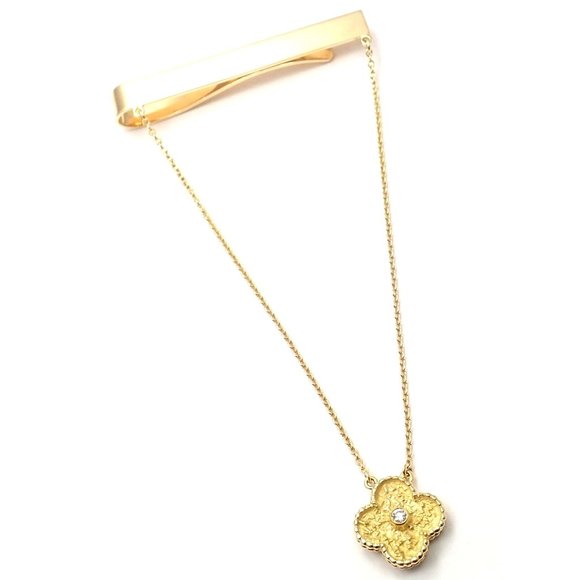 Authentic! Van Cleef & Arpels 18k Yellow Gold Diamond Vintage Alhambra Tie Clip - Picture 5 of 9